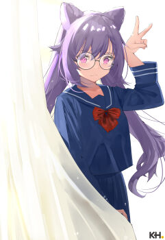 1girl absurdres alternate_costume blush bow cone_hair_bun curtains genshin_impact glasses hair_bun highres kebohan keqing_(genshin_impact) looking_at_viewer pleated_skirt purple_eyes purple_hair red_bow round_eyewear sailor_collar school_uniform serafuku skirt solo twintails v