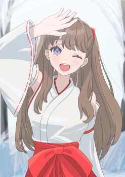 1girl ;d absurdres alternate_costume arm_up bare_shoulders breasts commentary_request detached_sleeves fujishima_megumi hakama hasutousan highres japanese_clothes kimono large_breasts link!_like!_love_live! looking_at_viewer love_live! nontraditional_miko one_eye_closed open_mouth purple_eyes red_hakama sideboob sleeveless sleeveless_kimono smile solo teeth upper_teeth_only virtual_youtuber white_kimono white_sleeves wide_sleeves