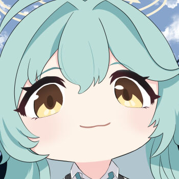 1girl absurdres ahoge aqua_hair blue_archive close-up closed_mouth hair_between_eyes halo highres kunjuan_shala long_hair mutsuki_face_(blue_archive) necktie shirt smile solo very_long_hair white_shirt yellow_eyes yellow_halo yume_(blue_archive)