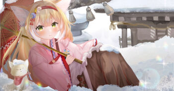 Rule 34 | 1girl, :q, absurdres, animal, animal ears, apron, arknights, blonde hair, closed mouth, colored tips, commentary, flower, fox, fox ears, fox girl, frilled apron, frills, green eyes, hair flower, hair ornament, hairband, hakama, highres, holding, holding umbrella, japanese clothes, kimono, long hair, looking at viewer, multicolored hair, official alternate costume, oil-paper umbrella, pink kimono, red hairband, red umbrella, rovpsama, sitting, skirt, snow, solo, suzuran (arknights), suzuran (yukibare) (arknights), tongue, tongue out, two-tone hair, umbrella, waist apron, white apron, white hair