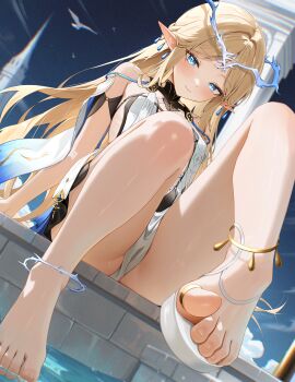 1girl absurdres bare_shoulders barefoot blonde_hair blue_eyes blush breasts cartethyia_(wuthering_waves) chromatic_aberration closed_mouth commentary_request crown_of_thorns earrings highres jewelry looking_at_viewer multiple_earrings night outdoors paid_reward_available parted_bangs partial_commentary pointy_ears radoremo small_breasts solo tacet_mark_(wuthering_waves) thighs toes wuthering_waves