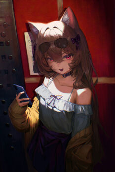 1girl absurdres animal_ear_fluff animal_ears bare_shoulders black_nails breasts brown_hair cat_ears cat_girl cellphone choker commentary_request drawer_bushi_huajia elevator eyewear_on_head fang hair_ribbon highres holding holding_phone jacket long_hair looking_at_viewer mole mole_on_cheek off-shoulder_shirt off_shoulder open_clothes open_jacket open_mouth original phone pink_eyes pleated_skirt ribbon shirt skirt small_breasts smartphone smile solo standing sunglasses