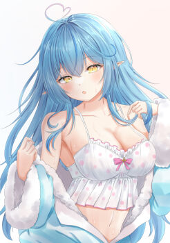 1girl ahoge aqua_jacket aqua_nails bare_shoulders blue_hair blush breasts camisole cleavage collarbone commentary_request elf fluffy_clothes fur-trimmed_jacket fur-trimmed_sleeves fur_trim hair_between_eyes hair_ornament heart heart_ahoge hololive jacket large_breasts long_hair midriff navel official_alternate_costume open_mouth pink_nails pointy_ears polka_dot polka_dot_camisole polka_dot_skirt scarlet_mirin skirt sleepwear solo sweat undressing upper_body very_long_hair virtual_youtuber white_camisole white_skirt yellow_eyes yukihana_lamy yukihana_lamy_(roomwear)