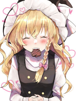 1girl absurdres black_hat black_vest blonde_hair blush bow braid candy chocolate chocolate_heart closed_eyes commentary_request facing_viewer food food_in_mouth hair_bow hat hat_bow heart heart-shaped_food highres incoming_food interlocked_fingers kirisame_marisa long_sleeves minatsuki_yurara mouth_hold own_hands_together pink_bow side_braid simple_background single_braid solo touhou valentine vest white_background witch_hat