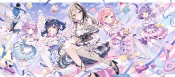 Rule 34 | 1boy, 5girls, ;d, ahoge, apron, arm garter, asymmetrical legwear, bare shoulders, black eyes, black hair, blackberry (fruit), blue dress, blue eyes, blue hair, blue shoes, blue skin, blush, bright pupils, brown hair, cake, cake slice, character request, check copyright, cherry, cloud, collarbone, colored skin, commentary request, copyright request, cupcake, dress, feet up, food, frilled dress, frills, fruit, full body, halo, hands up, hat, high heels, highres, holding, holding food, holding unworn clothes, holding unworn hat, iriam, jacket, knees, looking at viewer, macaron, maid headdress, mismatched legwear, multicolored hair, multiple girls, one eye closed, open mouth, pants, pantyhose, pink dress, pink hair, pink pantyhose, pink shoes, purple dress, purple eyes, purple hair, purple shoes, shoes, short twintails, single thighhigh, sitting, sky, smile, star (symbol), strawberry, streaked hair, striped clothes, striped thighhighs, stuffed toy, sweets, thighhighs, tree, twintails, unworn hat, unworn headwear, wasabi (sekai), waving, white apron, white jacket, white pants, white pantyhose, wrist cuffs, yume kawaii