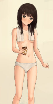1girl absurdres breasts brown_eyes brown_hair carton chocolate_milk drink_carton drinking_straw female_focus highres holding holding_milk_carton itsuki_nofuji looking_at_viewer medium_hair milk_carton navel original panties small_breasts solo topless_female towel towel_around_neck underwear