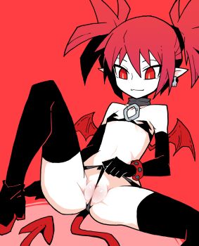 1girl :3 akableak ankle_boots arm_support ass bare_shoulders black_boots black_bra black_gloves black_ribbon black_shorts black_thighhighs boots bra bracelet breasts bright_pupils choker cleft_of_venus closed_mouth commentary demon_girl demon_tail demon_wings disgaea earrings elbow_gloves english_commentary etna_(disgaea) fat_mons foot_out_of_frame frontal_wedgie gloves grey_choker groin hair_ribbon hair_up highres jewelry knee_up leaning_back lifting_own_clothes light_smile loli looking_at_self looking_down lounging makai_senki_disgaea midriff mini_wings naughty_face no_panties o-ring o-ring_choker partially_visible_vulva pink_background pointy_ears pussy red_background red_eyes red_hair red_tail red_wings ribbon short_twintails shorts shorts_lift sitting skull_earrings small_breasts smile solo spread_legs strapless strapless_bra studded_bracelet tail thighhighs tsurime twintails underwear wedgie white_pupils wide_spread_legs wings