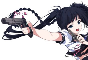 Rule 34 | 1girl, black hair, black sailor collar, braid, cellphone, character request, copyright request, flip phone, green eyes, green nails, gun, highres, holding, holding gun, holding phone, holding weapon, insomnia (insomnia plus), long hair, nail polish, open mouth, phone, sailor collar, school uniform, serafuku, shirt, short sleeves, simple background, solo, twintails, upper body, weapon, white background, white shirt