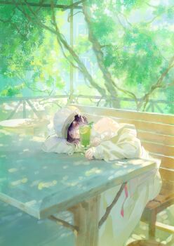 1girl absurdres arm_rest bench black-framed_eyewear chinese_commentary commentary_request cup dappled_sunlight day drinking_glass feet_out_of_frame food fruit glasses hat head_rest highres jacket lime_(fruit) lime_slice long_skirt long_sleeves looking_at_viewer luori_dianxin on_bench outdoors path_to_nowhere purple_eyes railing red_eyes round_eyewear shadow shalom_(path_to_nowhere) shirt single_bare_shoulder skirt solo sunlight table tree white_hat white_jacket white_shirt white_skirt wooden_bench wrist_belt