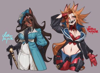 Rule 34 | 2girls, animal ears, arm behind back, arm up, ascot, black gloves, black shorts, blue coat, blue lips, blush, breasts, brown hair, cane, character name, cleavage, coat, commentary, crop top, cropped legs, cross hair ornament, dark-skinned female, dark skin, elbow gloves, english commentary, flower, gloves, grey background, grey pants, hair between eyes, hair ornament, hair over one eye, half-closed eye, hand on own head, hat, hat flower, high-waist pants, holding, holding cane, holster, horse ears, huge breasts, jacket, large breasts, lipstick, littlecamiseta, long hair, long hair between eyes, long sleeves, looking at viewer, makeup, midriff, multiple girls, navel, one eye covered, open mouth, original, pants, panty straps, personification, raised inner eyebrows, real life, red eyes, red gloves, short shorts, shorts, simple background, smile, stomach, thigh holster, thigh strap, tilted headwear, very dark skin, very long hair, white flower, yellow eyes