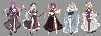 5girls absurdres adapted_costume bare_shoulders barefoot beads black_skirt blonde_hair blue_dress blue_eyes bow braid breasts constellation constellation_print cross cross-laced_clothes detached_sleeves dress frills gradient_hair grey_hair hair_bow hair_ornament hat hat_ribbon high_heels highres hijiri_byakuren large_breasts long_hair long_sleeves looking_at_viewer maka_(user_rryf2748) midriff mirror mob_cap multicolored_dress multicolored_hair multiple_girls nurse_cap pantyhose pelvic_curtain pink_hair prayer_beads purple_dress purple_eyes purple_hair red_cross red_eyes ribbon saigyouji_yuyuko short_hair side_slit single_braid skirt smile sorcerer&#039;s_sutra_scroll thick_thighs thigh_strap thighhighs thighs touhou triangular_headpiece trigram underboob very_long_hair wide_sleeves yagokoro_eirin yakumo_yukari yasaka_kanako yellow_eyes