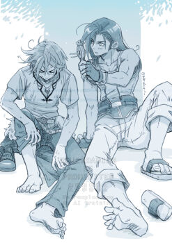 2boys 80850love_fu bare_shoulders barefoot belt chain chain_necklace chocobo closed_eyes dog_tags final_fantasy final_fantasy_viii fingerless_gloves full_body furrowed_brow gloves hair_between_eyes hand_fan handheld_electric_fan highres holding holding_fan hot jewelry laguna_loire long_hair male_focus monochrome multiple_belts multiple_boys necklace pants pants_rolled_up sandals scar scar_on_face scar_on_forehead shirt shoes short_hair sitting squall_leonhart sweat swept_bangs t-shirt tank_top tree twitter_username under_tree unworn_shoes