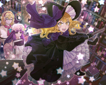 3girls absurdres alice_margatroid black_boots black_gloves blonde_hair book bookshelf boots bow broom broom_riding capelet closed_eyes closed_mouth commentary_request crescent crescent_hat_ornament doll dress forbidden_scrollery frilled_dress frills gloves hair_bow hairband hand_on_own_hip hat hat_bow hat_ornament hat_ribbon highres holding holding_book indoors jam1risa kirisame_marisa lace-up_boots layered_dress library long_hair long_sleeves looking_at_another looking_at_viewer mob_cap multiple_girls open_mouth patchouli_knowledge purple_bow purple_eyes purple_hair purple_scarf red_hairband ribbon scarf shanghai_doll sidelocks smile star_(symbol) sweatdrop teeth touhou upper_teeth_only white_capelet wide_sleeves winter_clothes witch_hat yellow_eyes