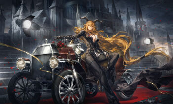 1girl ahoge alternate_costume animal_ears arknights belt black_belt black_choker black_gloves black_jacket black_pants blonde_hair breasts brown_belt building choker cleavage closed_mouth cloud cloudy_sky commentary degenbrecher_(arknights) english_commentary flower gloves goat_ears goat_girl goat_horns hair_between_eyes helen_zzhao highres horns jacket jewelry lapels leaning_back long_hair long_sleeves looking_at_viewer medium_breasts motor_vehicle multiple_rings necklace night night_sky no_bra open_clothes open_jacket outdoors pants partially_unbuttoned red_carpet ring rose sitting sky smile solo stairs sword twitter_username very_long_hair weapon yellow_eyes