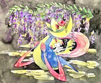 Rule 34 | alternate color, black background, closed mouth, cloud, cresselia, flower, full body, gen 3 pokemon, gen 4 pokemon, jirachi, legendary pokemon, mythical pokemon, nintendo, no humans, non (kumakawayusu), painting (medium), pokemon, pokemon (creature), purple flower, red eyes, shiny pokemon, smile, traditional media, watercolor (medium), wisteria