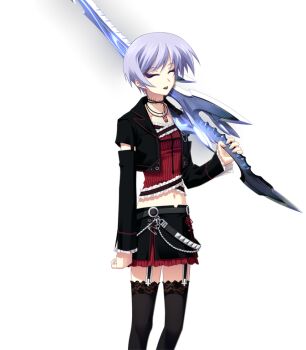 Rule 34 | 1girl, belt, black jacket, black lips, black skirt, black thighhighs, blue hair, chain, chaos;head, choker, collarbone, corset, cross, cross print, d-sword, detached sleeves, earrings, facing viewer, frilled corset, frilled skirt, frilled sleeves, frills, garter straps, goth fashion, holding, holding sword, holding weapon, inverted cross, jacket, jewelry, kishimoto ayase, lace, lace-trimmed thighhighs, lace trim, large variant set, leather, leather jacket, leather skirt, long sleeves, makeup, mascara, matsuo yukihiro, midriff, miniskirt, navel, non-web source, over shoulder, phantasm, red corset, red skirt, science adventure, short hair, skirt, smile, solo, sword, sword over shoulder, thighhighs, variant set, weapon, weapon over shoulder