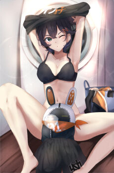 1girl ;o bangboo_(zenless_zone_zero) belle_(zenless_zone_zero) black_bra black_shirt blue_hair bottomless bra breasts cleavage clothes_lift eous_(zenless_zone_zero) green_eyes highres laundry_basket lifting_own_clothes looking_at_viewer medium_breasts navel on_floor one_eye_closed parted_lips sasai_tuki shirt shirt_lift short_hair shorts sitting stomach underwear unworn_clothes unworn_shorts washing_machine zenless_zone_zero