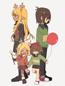 2girls 2others :d ;3 ;d age_progression animal_ears animal_nose ankle_socks antenna_hair antlers arms_at_sides back-to-back balloon black_eyes black_ribbon black_shirt black_shoes black_skirt black_socks blonde_hair bob_cut braid brown_eyes brown_hair brown_shoes brown_shorts brown_skirt checkered_clothes checkered_sweater_vest closed_mouth collared_shirt contrast_collar dark-skinned_female dark_skin deer_antlers deer_ears deer_girl deltarune dual_persona empty_eyes expressionless fake_horns flat_chest full_body furry furry_female green_sweater green_sweater_vest grey_background grin hair_between_eyes hairband hashtag-only_commentary highres holding holding_balloon holding_hands holding_wand horn_hairband horns kneehighs kris_(deltarune) loafers long_hair long_sleeves low_twin_braids miniskirt multiple_girls multiple_others nano_mochi neck_ribbon no_pupils noelle_holiday one_eye_closed open_mouth outline pleated_skirt profile puffy_long_sleeves puffy_sleeves red_hairband red_shirt red_shoes red_sweater_vest ribbon school_uniform shaded_face shirt shoelaces shoes short_hair shorts simple_background skirt smile sneakers socks standing standing_on_one_leg star_(symbol) star_wand striped_clothes striped_sweater sweater sweater_vest twin_braids two-tone_sweater two-tone_sweater_vest utdr_(toby_fox) very_long_hair wand white_outline white_socks yellow_sweater