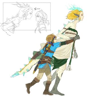 1boy 1girl animal_ears aqua_tunic armlet armor barefoot belt blonde_hair boots bracelet breasts brown_belt brown_boots chainmail champion's_tunic_(zelda) commentary_request dragon_ears dragon_girl dragon_horns dragon_tail dress earrings fingerless_gloves full_body gloves grey_pants highres holding_hands horns jewelry light_dragon_(zelda) link long_dress looking_at_another low_ponytail master_sword medium_breasts multiple_views nintendo open_mouth oshio_0809 pants parted_bangs pointy_ears ponytail princess_zelda pulling scales short_hair sidelocks strapless strapless_dress sweatdrop sword tail the_legend_of_zelda the_legend_of_zelda:_tears_of_the_kingdom tunic weapon weapon_on_back white_background white_dress wide-eyed