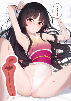 ... 1girl armpits bed black_hair blunt_bangs closed_mouth commentary_request cross-section from_above highres hime_cut houraisan_kaguya kozuka_yasushi leotard looking_at_viewer lying m_legs on_back red_eyes smile solo spread_legs touhou touhou_tag_dream wrestling_outfit