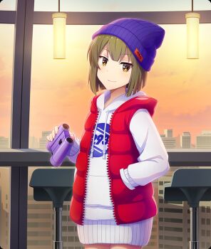 Rule 34 | 1girl, ban tsugumi, beanie, binoculars, blunt ends, bob cut, building, chair, cityscape, closed mouth, clothes writing, cloud, counter, cowboy shot, dot nose, double-parted bangs, evening, game cg, green hair, hand in pocket, hand up, hanging light, hat, holding, holding binoculars, hood, hoodie, indoors, jacket, long sleeves, official art, open clothes, open vest, orange sky, purple hat, red jacket, red vest, short hair, skirt, sky, smile, solo, third-party source, toji no miko, toji no miko: kizamishi issen no tomoshibi, unzipped, vest, white hoodie, white skirt