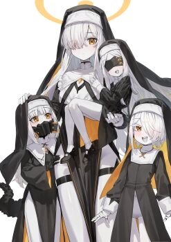 Rule 34 | 4girls, aged down, alternate costume, black dress, black mask, black shoes, black veil, blindfold, blue archive, blush, carrying, carrying person, closed mouth, colored skin, commentary request, dress, ein (blue archive), extra pupils, eyes visible through hair, hair over one eye, halo, highres, jewelry, kokukyukeo, long hair, long sleeves, looking at another, looking at viewer, malkuth (blue archive), mask, mechanical hands, mechanical tail, multiple girls, necklace, nun, ohr (blue archive), open mouth, respirator, shoes, short hair, simple background, smile, sof (blue archive), symbol-shaped pupils, tail, thigh strap, triplets, veil, very long hair, white background, white hair, white skin, wide sleeves, x-shaped pupils, yellow eyes, yellow halo