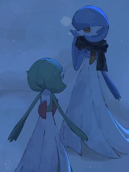 alternate_color blue_hair blue_skin bob_cut colored_skin dress gardevoir gen_3_pokemon green_hair green_skin highres multicolored_skin nintendo pokemon pokemon_(creature) raidayo_39 scarf shiny_pokemon signature snow snowing two-tone_skin white_dress white_skin