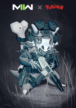 absurdres bin_jiang bone call_of_duty call_of_duty:_modern_warfare_2 commentary copyright_name cosplay cubone gen_1_pokemon ghost_(modern_warfare_2) ghost_(modern_warfare_2)_(cosplay) gun highres holding holding_gun holding_weapon nintendo no_humans pokemon pokemon_(creature) skeleton_print skull_on_head tail weapon