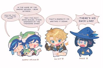 1girl 2boys afterimage anger_vein artoria_pendragon_(fate) black_hair blonde_hair blue_eyes blue_hair chibi chibi_only closed_eyes commentary design_speculation english_commentary english_text facial_scar facing_another gauntlets genshin_impact hair_between_eyes hat hat_feather highres holding holding_paper long_sleeves looking_at_another looking_at_object motion_lines multiple_boys multiple_scars open_mouth paku_(cheebpaku) paper puckered_lips scar scar_on_arm scar_on_cheek scar_on_face short_hair simple_background single_gauntlet smile upper_body v-shaped_eyebrows varka_(genshin_impact) venti_(genshin_impact) witch witch_hat