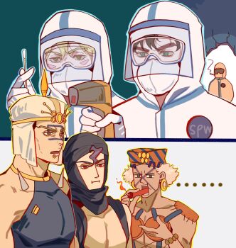 ... 1girl 2koma 5boys :i anachronism battle_tendency blue_eyes caesar_anthonio_zeppeli comic cotton_swab dynamite esidisi explosive face_piercing facial_mark green_eyes hair_strand hat hazmat_suit highres holding holding_thermometer infrared_thermometer jo_jun jojo_no_kimyou_na_bouken joseph_joestar joseph_joestar_(young) kars_(jojo) lip_piercing lip_ring lisa_lisa male_focus mask multiple_boys muscular muscular_male parody piercing purple_hair smoking sunglasses thermometer turban wamuu white_hair