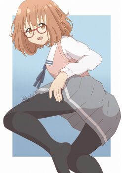 1girl absurdres glasses highres kuriyama_mirai kyoto_animation kyoukai_no_kanata lilymirai looking_at_viewer low_angle pantyhose pink_hair skirt starrylily thighs