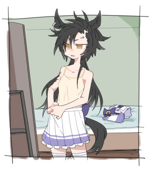 Rule 34 | 1girl, air shakur (umamusume), animal ears, bare arms, bare shoulders, beer hsk, black hair, bow, brown camisole, brown eyes, camisole, collarbone, commentary request, eyebrow piercing, face piercing, fang, full-length mirror, hair between eyes, horse ears, horse girl, horse tail, mirror, parted lips, piercing, pleated skirt, purple bow, purple shirt, school uniform, shirt, skirt, solo, tail, thighhighs, tracen school uniform, umamusume, unworn shirt, white skirt, white thighhighs