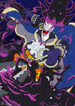 1boy aladdin_(ala21ddin21) ascot cape clenched_teeth coat commission gecko_moria hair_up highres holding holding_scissors horns male_focus one_piece open_mouth pointy_ears purple_hair scissors shadow sharp_teeth signature teeth twitter_username white_ascot