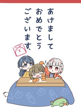 3girls :d :o blanket blue_eyes blue_hair blue_ribbon blue_sweater bob_cut braid bright_pupils brown_hair center-flap_bangs chibi chibi_only closed_eyes closed_mouth commentary_request dark_blue_hair diagonal_bangs dollchestra food fruit gonzales_(love_live!) grey_hair hair_ornament hair_ribbon happy_new_year highres holding holding_blanket holding_food holding_fruit inverted_bob kachimachi_kosuzu kotatsu link!_like!_love_live! long_hair love_live! low_twintails mandarin_orange multicolored_hair multiple_girls murano_sayaka new_year official_alternate_costume open_mouth pink_eyes red_hair red_happi ribbon sakari_(pear_8_ll) short_hair side_ahoge side_braids simple_background sleeping sleeping_on_desk smile split_mouth stack star_(symbol) star_hair_ornament straight_hair streaked_hair stuffed_animal stuffed_duck stuffed_toy sweater table translation_request twintails virtual_youtuber white_background white_pupils yugiri_tsuzuri