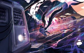 astronaut black_hair black_wings caustics commentary demon_horns dutch_angle english_commentary english_text falling_paper feathered_wings flood grassjellyg00d headlight_beam highres horns hug kim_dokja night official_alternate_costume omniscient_reader's_viewpoint railroad_tracks saturated scenery short_hair sky source_quote star_(sky) starry_sky train train_station wide_shot wings yoo_joonghyuk