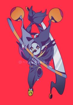 1boy arm_up black_pants black_sclera colored_sclera colored_teeth deltarune full_body grey_shirt guuchama hat highres holding holding_scythe jester_cap jevil male_focus open_mouth pants red_background scythe shirt shoes solo suspenders tail twitter_username utdr_(toby_fox) yellow_eyes yellow_shoes yellow_teeth