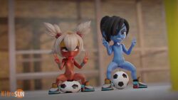 2girls 3d ahegao animated armband artist_name ball baseball_bat black_hair blue_skin bouncing_breasts breasts clenched_teeth colored_skin completely_nude dark-skinned_female dark_skin dildo dildo_riding dodgeball_academia double_v eyepatch female_focus flat_chest full_body hair_bobbles hair_ornament headband highres holding holding_baseball_bat kitrosun legs_apart loli looking_up looping_animation masturbation mina_(dodgeball_academia) multiple_girls nipples nude object_insertion outdoors ponytail pussy sex_toy shoes short_twintails sneakers soccer_ball sound stomach_bulge suneko_(dodgeball_academia) teeth tongue tongue_out tooth_gap twintails two_side_up uncensored v vaginal vaginal_object_insertion video white_hair wristband yellow_headband