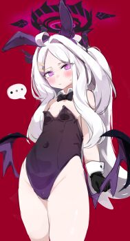 ... 1girl absurdres ahoge alternate_costume animal_ear_hairband animal_ears bare_shoulders black_bow black_bowtie black_gloves black_halo black_leotard blue_archive blush bow bowtie breasts cameltoe closed_mouth covered_navel demon_girl demon_horns demon_wings detached_collar fake_animal_ears gloves hair_ornament hairband hairclip halo highleg highleg_leotard highres hina_(blue_archive) horns kyarupunch leotard loli long_hair low_wings multiple_horns oversized_breast_cup playboy_bunny purple_eyes rabbit_ears red_background side_ponytail simple_background small_breasts solo spoken_ellipsis standing thighs very_long_hair white_hair wings wrist_cuffs