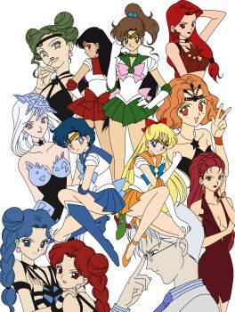 Rule 34 | 1990s (style), 1boy, 6+girls, aino minako, bishoujo senshi sailor moon, bishoujo senshi sailor moon s, black hair, blonde hair, blue eyes, blue hair, breasts, cleavage, cyprine (sailor moon), dress, earrings, eudial (sailor moon), glasses, grin, high heels, highres, hino rei, jewelry, kaolinite (sailor moon), kino makoto, legs, long hair, looking at viewer, mimete (sailor moon), mizuno ami, multiple girls, orange hair, pixel art, ptilol (sailor moon), red hair, retro artstyle, sailor jupiter, sailor mars, sailor mercury, sailor venus, skirt, smile, tellu (sailor moon), tomoe souichi, twintails, v, viluy (sailor moon)