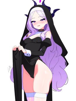 1girl absurdres alternate_costume alternate_hair_color bare_shoulders black_horns black_sleeves black_veil blue_archive blush breasts clothes_lift demon_girl demon_horns detached_sleeves groin halo highres hina_(blue_archive) horns juliet_sleeves long_hair long_sleeves looking_at_viewer nun paid_reward_available parted_lips pelvic_curtain pelvic_curtain_lift puffy_sleeves purple_eyes purple_hair revision runarie signature simple_background skindentation small_breasts solo standing thighhighs veil very_long_hair white_background white_thighhighs