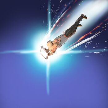 1boy ^_^ black_hair black_pants black_shoes blue_archive blue_sky closed_eyes closed_mouth commentary_request day doodle_sensei_(blue_archive) falling fire full_body henshako holding holding_tablet_pc male_focus outdoors pants sensei_(blue_archive) shirt shoes short_hair sky smile solo tablet_pc torn_clothes torn_shirt white_shirt