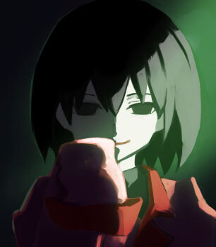 Rule 34 | 1girl, black eyes, black shirt, bob cut, close-up, collared shirt, commentary, dark, dress shirt, empty eyes, gradient background, green light, hair between eyes, hand to own mouth, hand up, highres, juliet sleeves, light smile, long sleeves, looking at viewer, monogatari (series), naoetsu high school uniform, one-hour drawing challenge, oretekiya, oshino ougi, pale skin, pink shirt, portrait, puffy sleeves, red trim, school uniform, shaded face, shirt, short hair, sidelighting, sleeves past fingers, sleeves past wrists, smile, solo, straight-on, turtleneck, undershirt