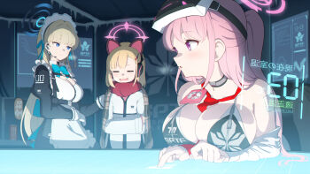 3girls aged_up alternate_costume alternate_hairstyle animal_ear_headphones animal_ears apron arms_under_breasts bare_shoulders between_breasts bikini black_bikini black_dress blonde_hair blue_archive blue_bow blue_eyes blue_halo blunt_bangs blush bow breasts breath brown_shawl cat_ear_headphones cat_ears cleavage cleavage_cutout closed_mouth clothing_cutout coat cold commentary_request cowboy_shot crossed_arms dress eimi_(blue_archive) fake_animal_ears frilled_apron frills frown goggles goggles_on_head hair_between_eyes hair_bow hair_over_shoulder half_updo halo hamachikichiki headphones highres index_finger_raised indoors juliet_sleeves large_breasts long_hair long_sleeves looking_at_another maid maid_apron maid_headdress medium_hair momoi_(blue_archive) multiple_girls necktie necktie_between_breasts official_style open_mouth partial_commentary pink_hair pink_halo plaid_clothes plaid_shawl ponytail puffy_sleeves purple_eyes red_necktie red_scarf runny_nose scarf shawl sidelocks sleeves_past_wrists smile snot straight_hair swimsuit textless_version toki_(blue_archive) tsurime upper_body v-shaped_eyebrows very_long_hair white_apron white_coat wide_sleeves zipper zipper_bikini