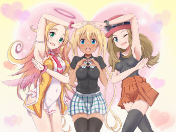 3girls ;d arm_up armpits blend_s blonde_hair blue_eyes bracelet breasts crossover curly_hair eyewear_on_headwear gal_gun_(series) halo hands_up hat highres hinata_kaho jewelry long_hair looking_at_viewer mixed-language_commentary multiple_girls nazunazu necktie nintendo one_eye_closed open_mouth pleated_skirt pokemon pokemon_xy risu_(galgun) serena_(pokemon) shirt skirt sleeveless sleeveless_shirt smile sunglasses thighhighs