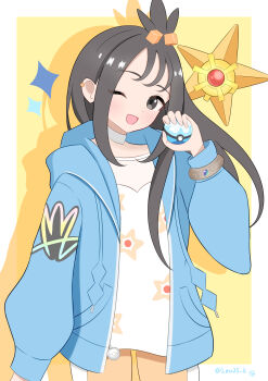 1girl ;d absurdres blue_hoodie border bracelet character_print commentary_request cube_hair_ornament dive_ball gen_1_pokemon hair_ornament highres holding holding_poke_ball hood hood_down hoodie jewelry leo25_k lida_(pokemon) long_hair long_sleeves nintendo one_eye_closed open_clothes open_hoodie open_mouth outside_border poke_ball pokemon pokemon_(creature) pokemon_legends:_z-a shirt smile sparkle staryu topknot white_border white_shirt yellow_background