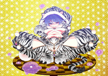 1girl 2022 :3 animal_ears animal_hands animal_print arm_support beckoning blob blue_eyes blue_hair blush breasts breasts_apart claws commentary_request doremy_sweet dream_soul fake_animal_ears fur_trim highres looking_at_viewer m_legs medium_breasts navel nengajou new_year open_mouth patterned_clothing presenting solo spread_legs steam stomach tail thighhighs thighs tiger tiger_ears tiger_print tiger_tail touhou yassy zipper_pull_tab