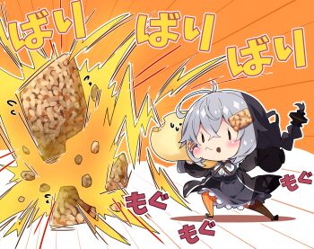 1girl black_dress blush braid chibi chibi_only closed_mouth commentary_request crossed_bangs double-parted_bangs dress food food_request full_body hair_between_eyes highres kizuna_akari long_hair long_sleeves milkpanda orange_pantyhose outline pantyhose solo standing striped_clothes striped_pantyhose twin_braids vertical-striped_clothes vertical-striped_pantyhose vocaloid voiceroid white_outline |_|