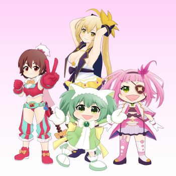 4girls aiguillette animal_ear_headwear animal_ear_legwear animal_ears animal_print aqua_belt aqua_pants arms_behind_back azalea_(flower) back_bow belt bikini black_bow black_cloak black_gloves black_hairband black_shirt black_shoes blonde_hair bloomers blunt_bangs boots bow bowtie breasts brooch brown_hair cape cat_ears center_opening chitose_yuma cleavage clenched_hand cloak closed_mouth clothing_cutout collared_jacket commentary_request crop_top cropped_shirt dot_nose dress excellentfuyu eyepatch fake_animal_ears flower footwear_bow frilled_boots frilled_skirt frills gem gloves gradient_background green_dress green_eyes green_gem green_hair green_ribbon grey_skirt hair_between_eyes hair_flower hair_ornament hairband happy hat height_difference high_heel_boots high_heels highleg highleg_bikini jacket jewelry lapels large_bow large_breasts layered_dress long_hair low_neckline magia_record:_mahou_shoujo_madoka_magica_gaiden magical_girl mahou_shoujo_madoka_magica mahou_shoujo_madoka_magica_magia_exedra mahou_shoujo_oriko_magica mao_himika mikuri_ayame miniskirt mismatched_thighhighs multiple_girls notched_lapels open_clothes open_jacket open_mouth orange_bow outstretched_arms pants pink_background pink_dress pink_flower pink_hair pink_thighhighs platform_shoes pleated_skirt ponytail print_thighhighs rabbit_print red_bikini red_boots red_eyes red_gloves red_pants red_vest ribbon ribbon_legwear shirt shoes short_dress short_hair short_sleeves short_twintails simple_background skirt sleeveless sleeveless_dress smile standing stomach striped_clothes striped_pants striped_thighhighs swimsuit thigh_cutout thighhighs traditional_bowtie triangle_mouth twintails two-tone_background two-tone_pants underwear v vertical-striped_clothes vertical-striped_pants very_long_hair vest waist_bow white_background white_bloomers white_boots white_bow white_bowtie white_cape white_dress white_gloves white_hat white_jacket white_shirt white_thighhighs yellow_bow yellow_bowtie yellow_eyes yellow_flower yellow_skirt yusa_hazuki