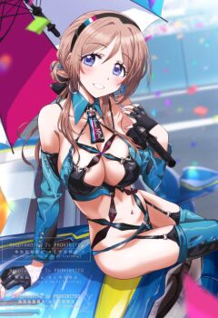 1girl bare_shoulders black_gloves blue_thighhighs blurry blurry_background blush breasts brown_hair car cleavage confetti detached_collar detached_sleeves fingerless_gloves garter_belt garter_straps gloves hairband highres large_breasts long_hair looking_at_viewer motor_vehicle navel on_car original planted planted_umbrella purple_eyes race_queen revealing_clothes run_p_(aveton) sitting smile solo sports_car teeth thighhighs umbrella