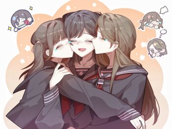 3girls absurdres black_hair black_sailor_collar black_shirt brown_hair closed_eyes closed_mouth commentary flower girl_sandwich group_hug haobuguniao hashtag-only_commentary highres hug igarashi_sakuko kiss kissing_cheek long_hair long_sleeves medium_hair mole mole_under_eye mouth_hold multiple_girls neckerchief nishida_rinko one_eye_closed open_mouth red_neckerchief rose sailor_collar sandwiched school_uniform serafuku shimizu_hinako shirt silent_hill_(series) silent_hill_f twintails upper_body yuri